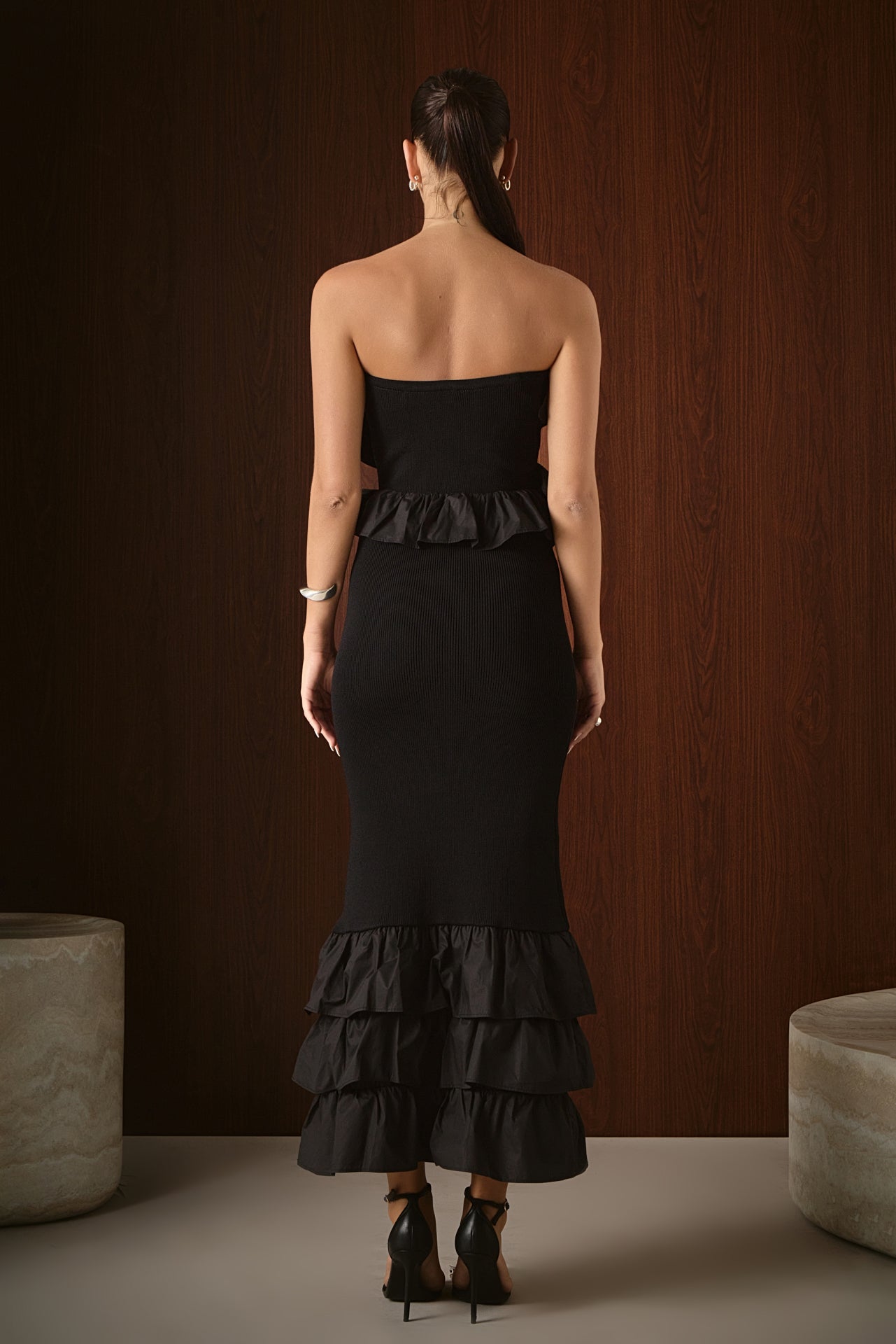 Mixed Media Strapless Fitted Maxi Dress