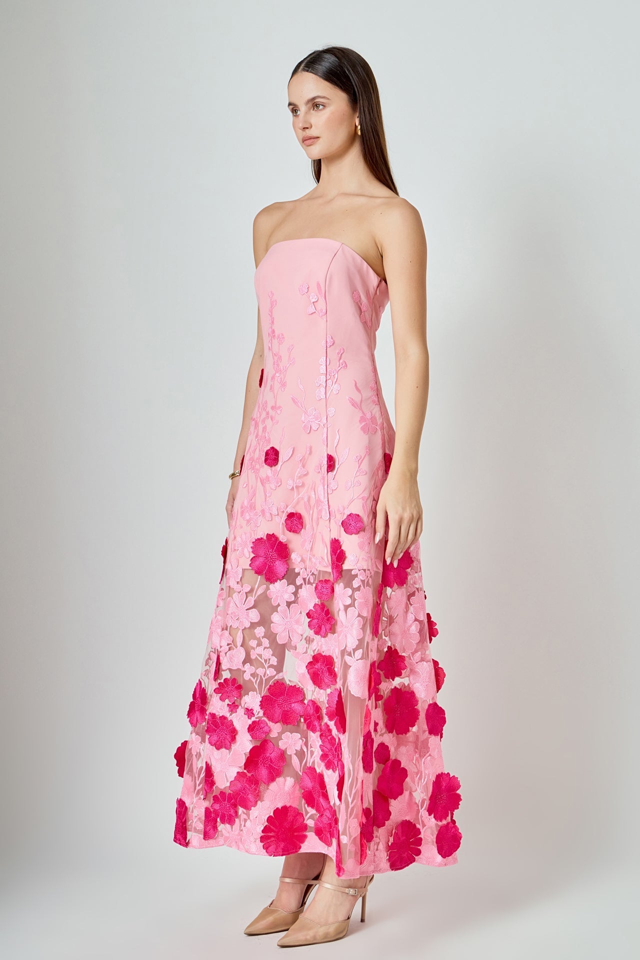 Embroidered 3D Applique Strapless Maxi Dress