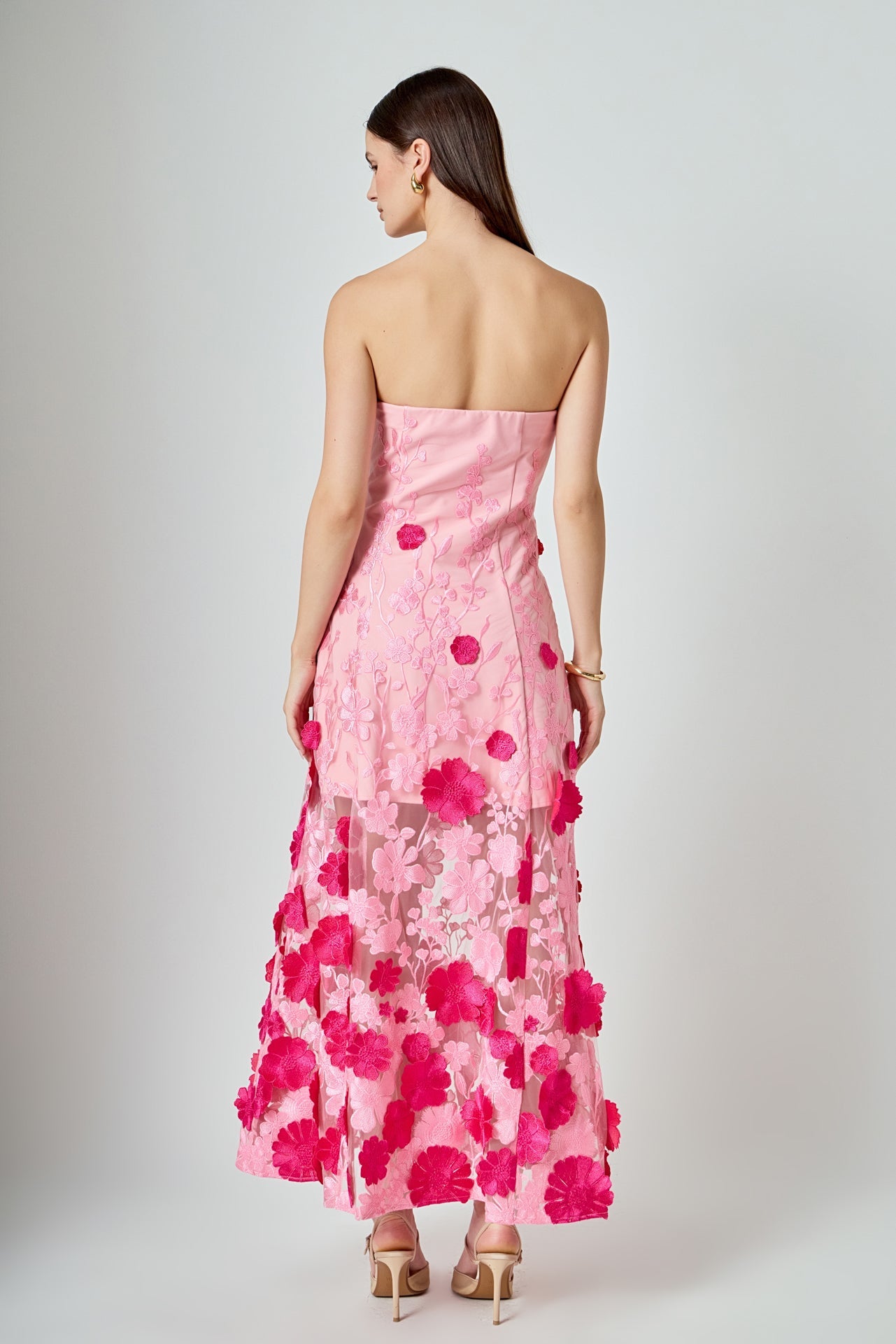 Embroidered 3D Applique Strapless Maxi Dress