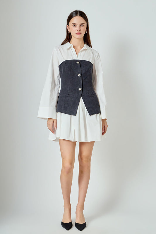 Mixed Media Tweed Poplin Mini Dress