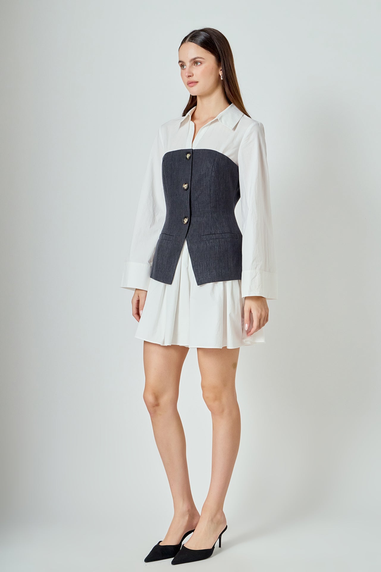 Mixed Media Tweed Poplin Mini Dress