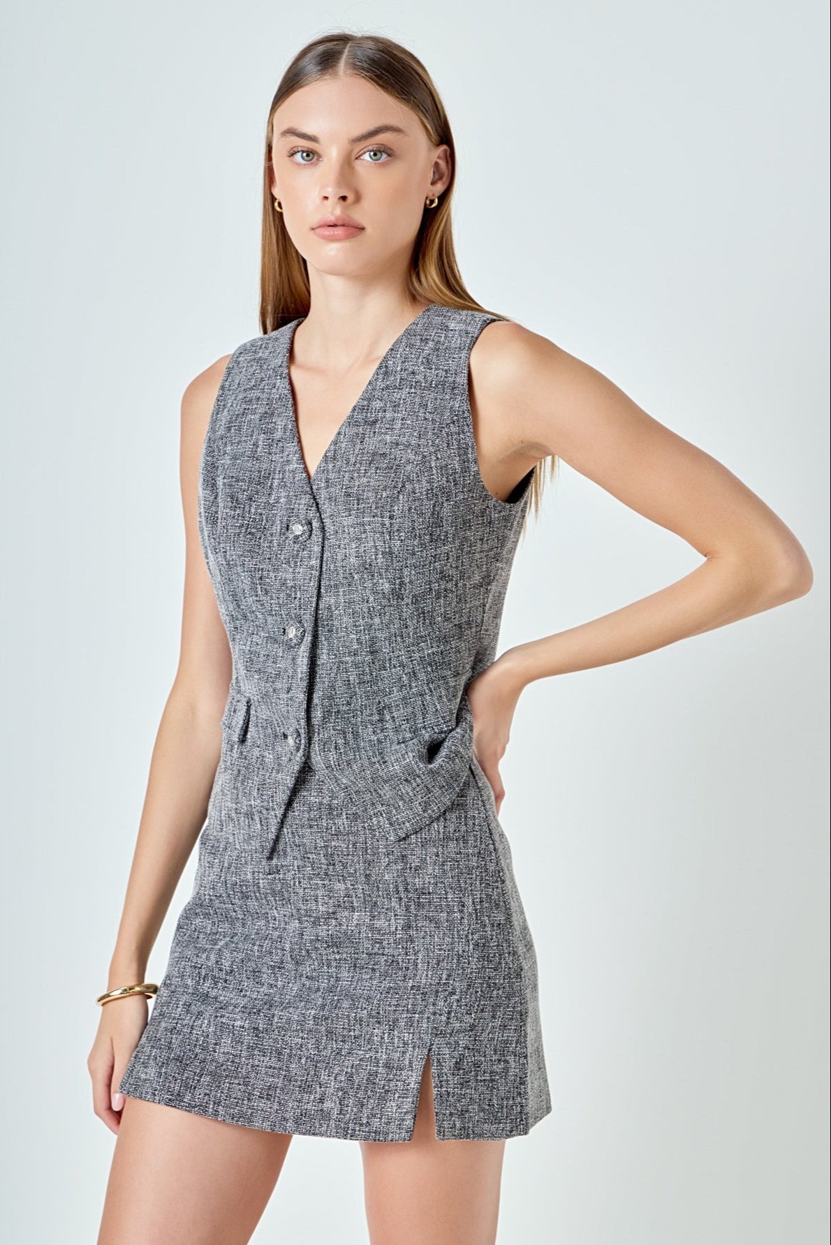 Tweed Front Slit Cutout Mini Skirt