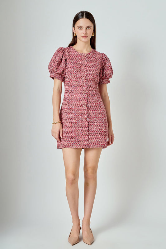 Tweed Puffed Sleeve Mini Dress