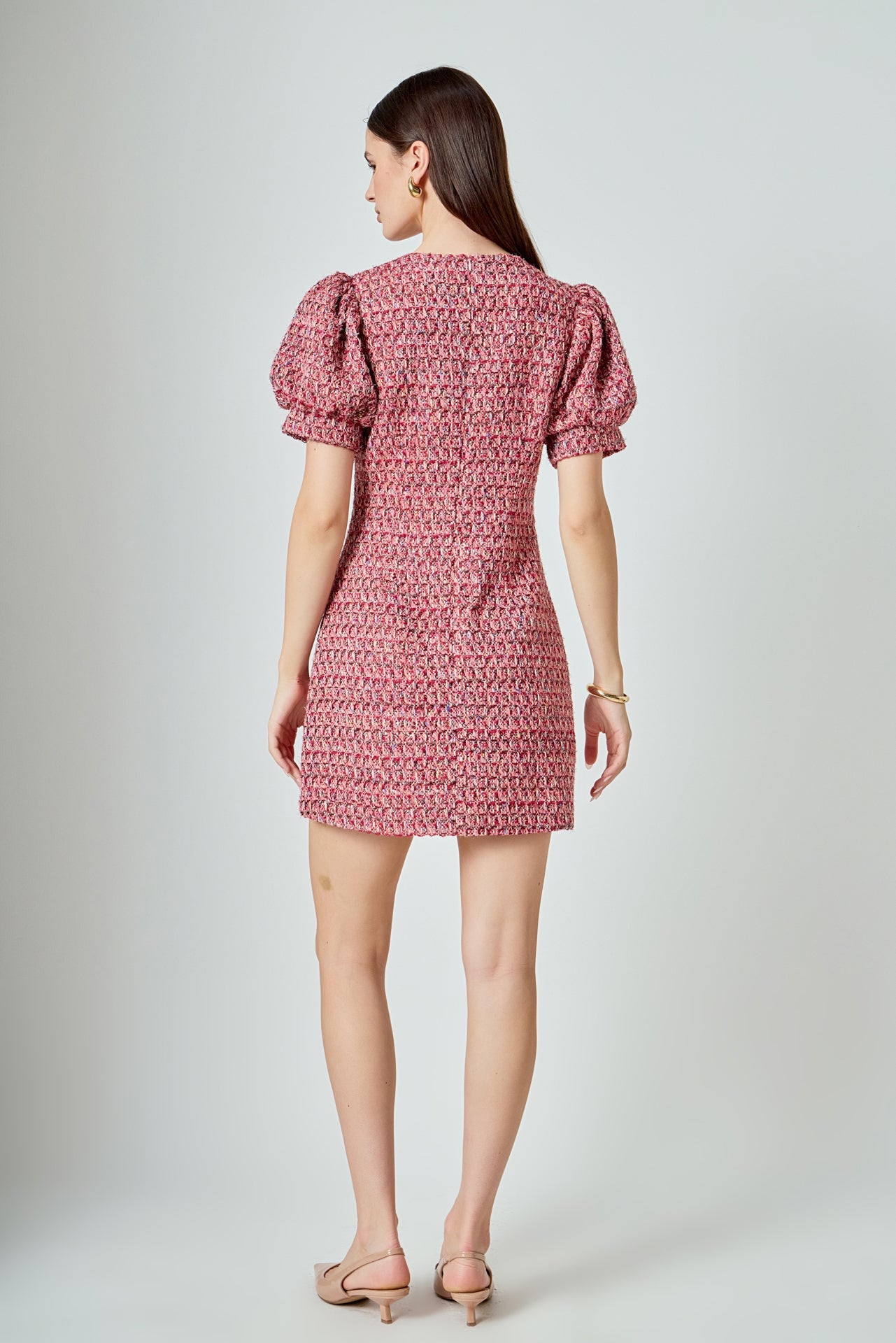 Tweed Puffed Sleeve Mini Dress