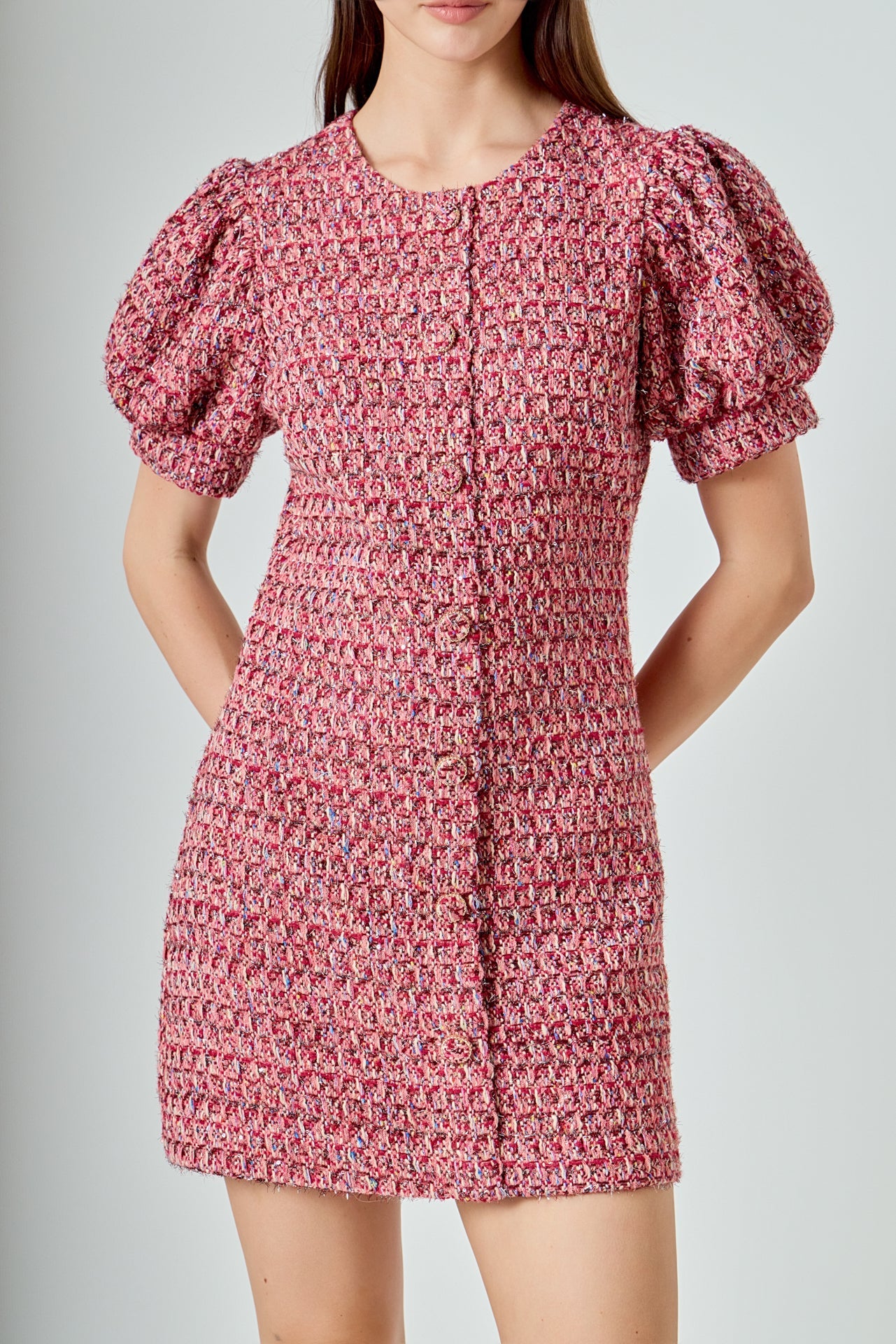 Tweed Puffed Sleeve Mini Dress