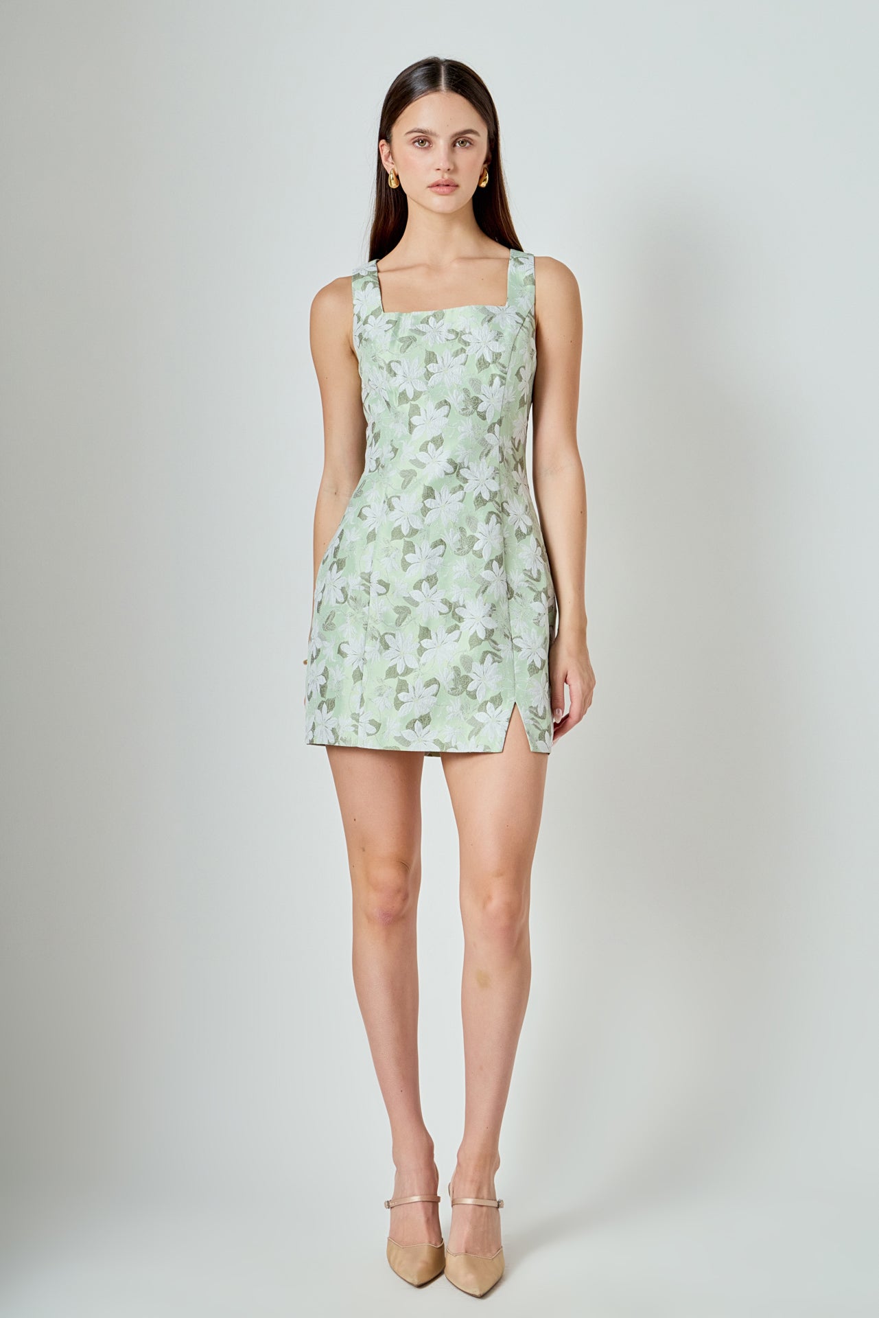 Floral Jacquard Front Slit Mini Dress