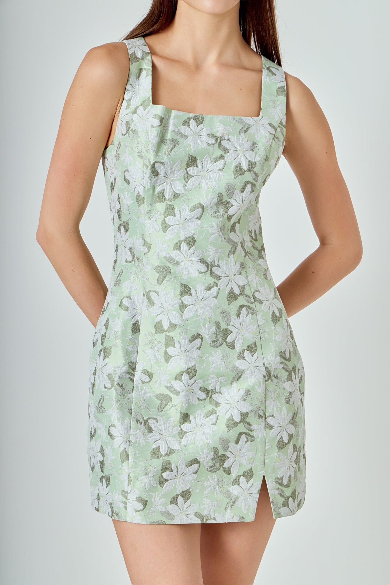 Floral Jacquard Front Slit Mini Dress