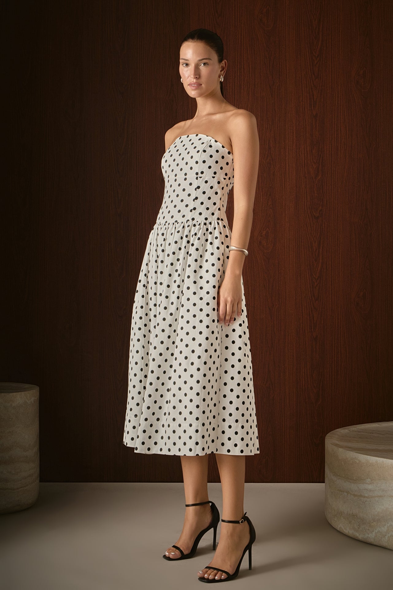 Strapless Polka Dot Taffeta Midi Dress