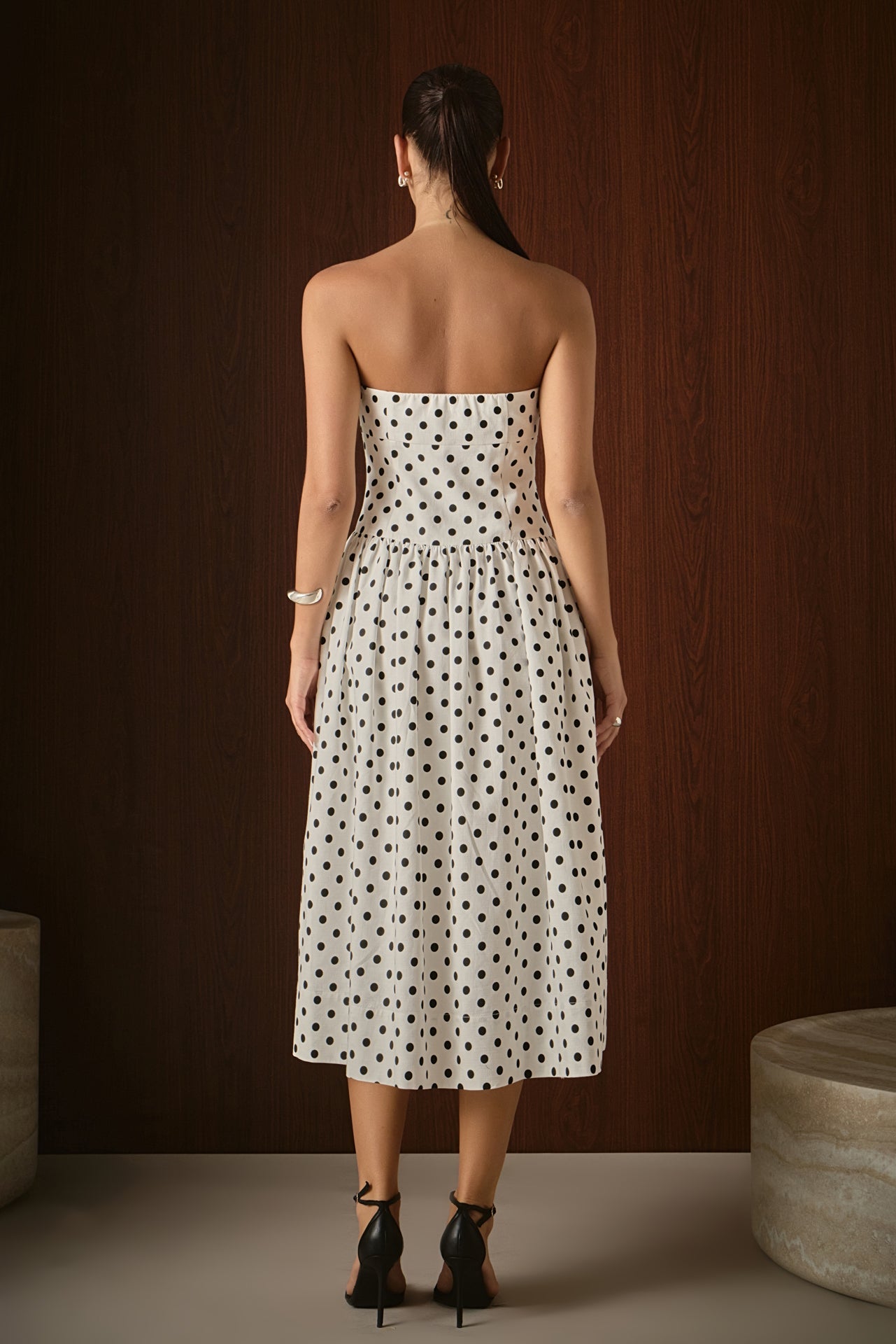 Strapless Polka Dot Taffeta Midi Dress