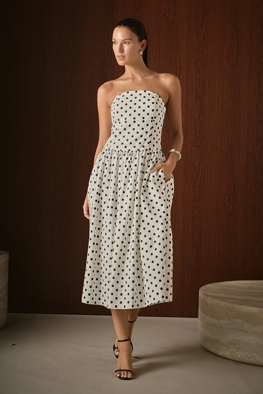 Strapless Polka Dot Taffeta Midi Dress