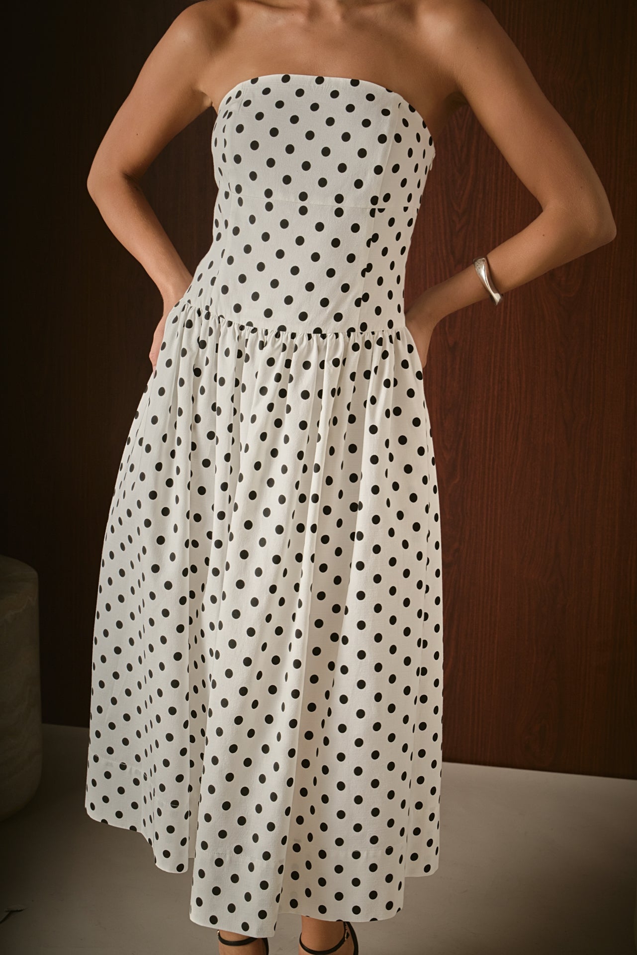 Strapless Polka Dot Taffeta Midi Dress