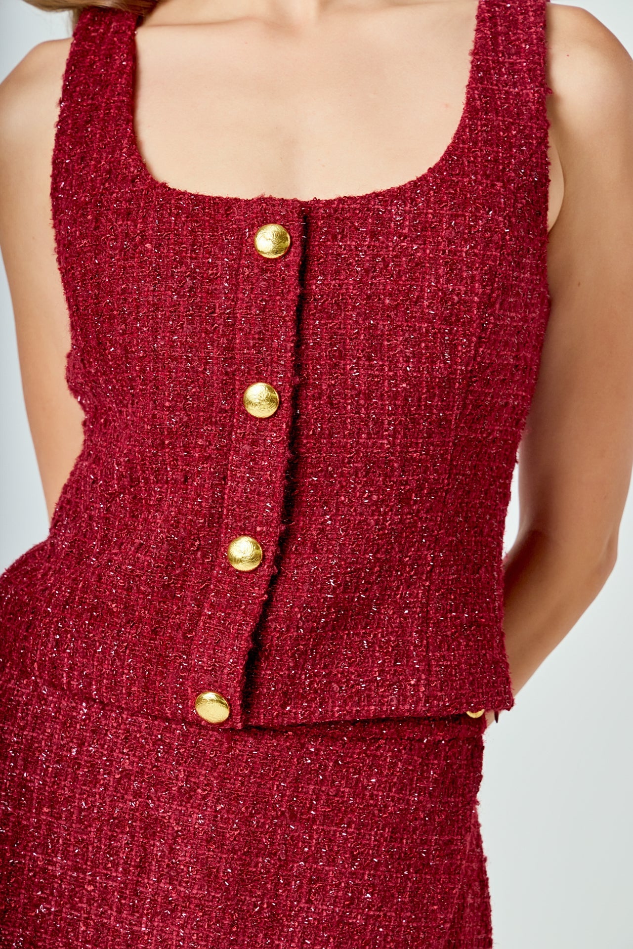 Tweed Scoop Neck Buttoned Top
