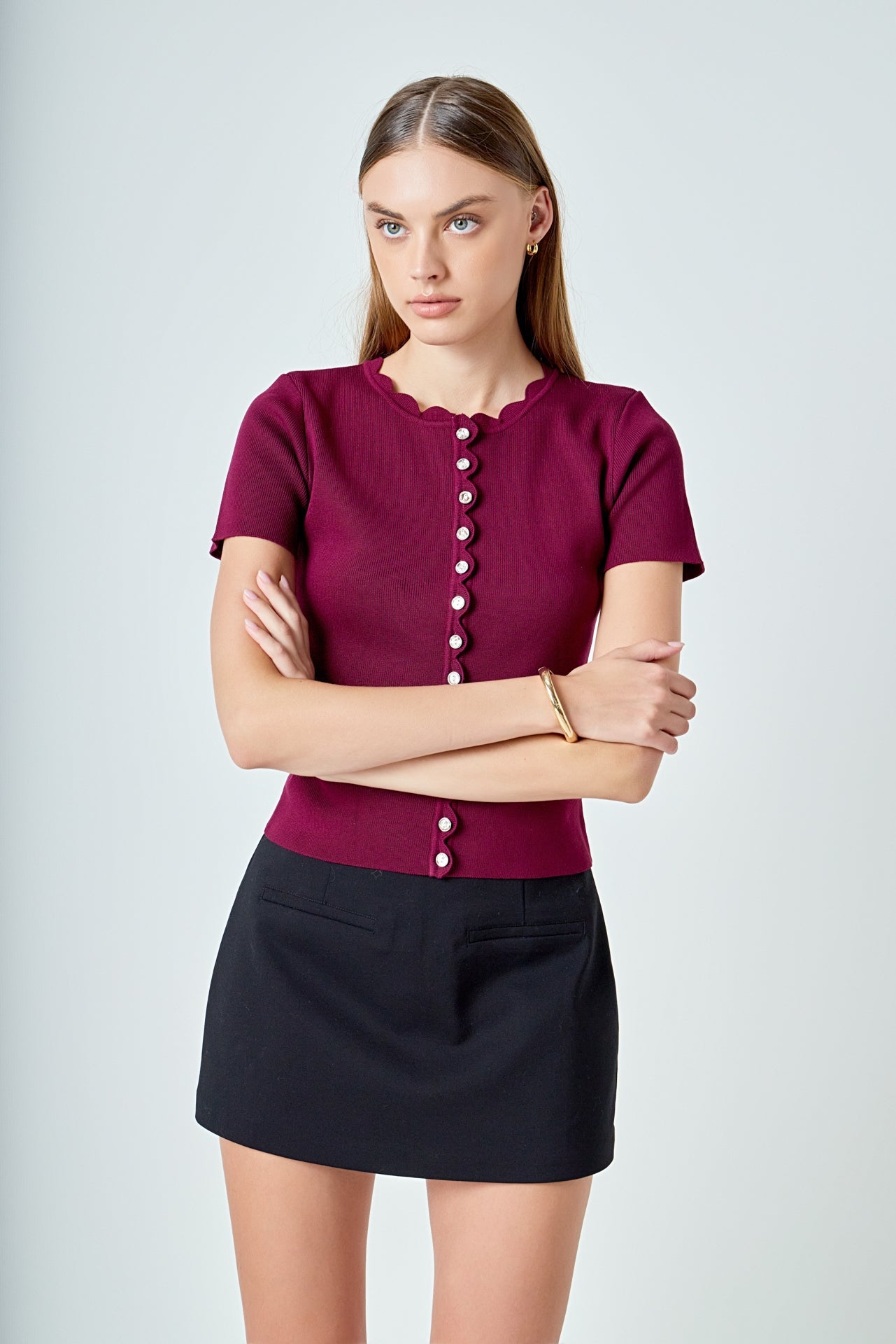 Scalloped Accent Button Knit Top