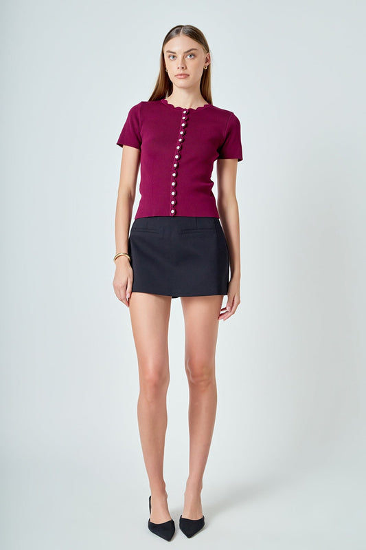 Scalloped Accent Button Knit Top