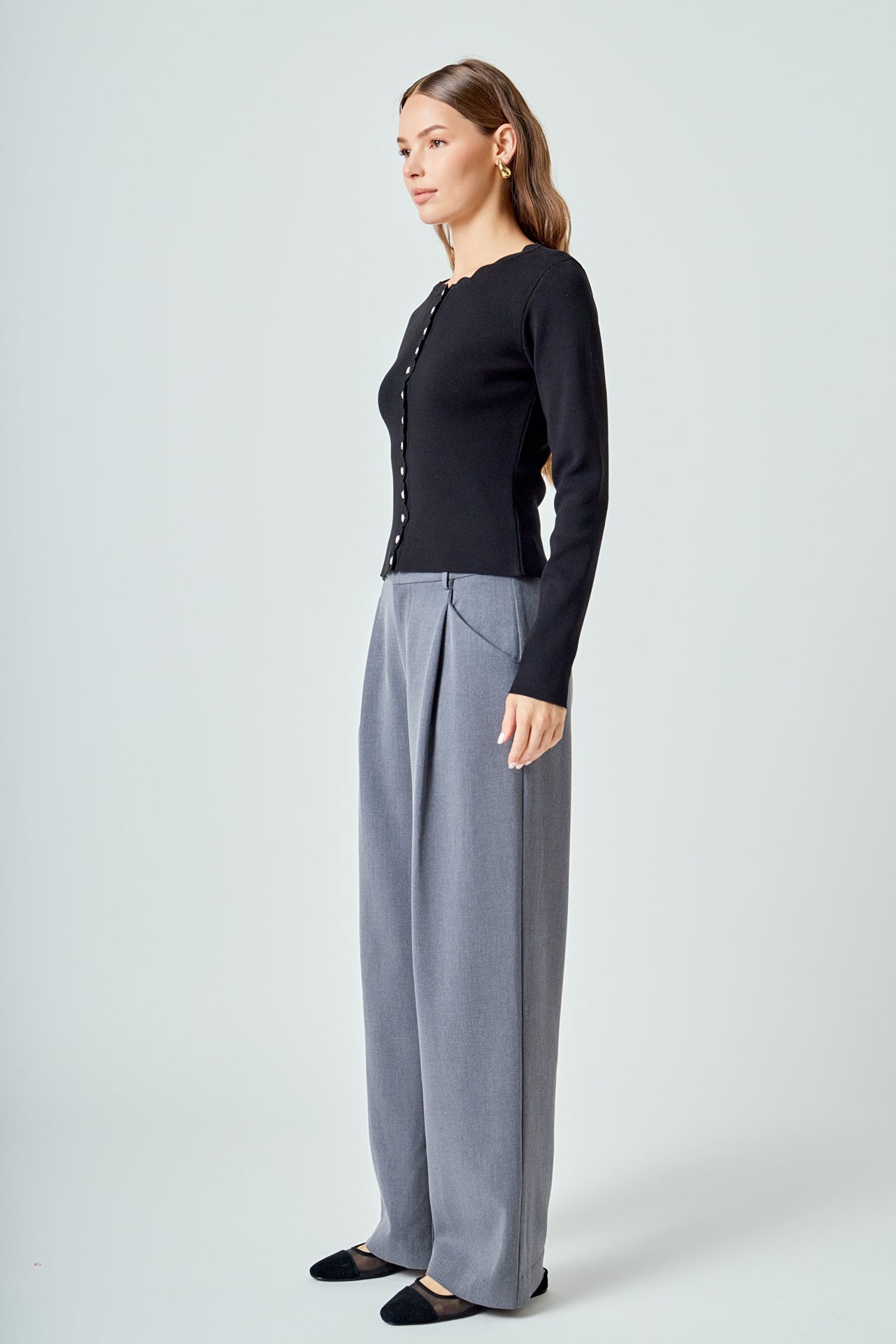 Scalloped Accent Split Long Cardigan