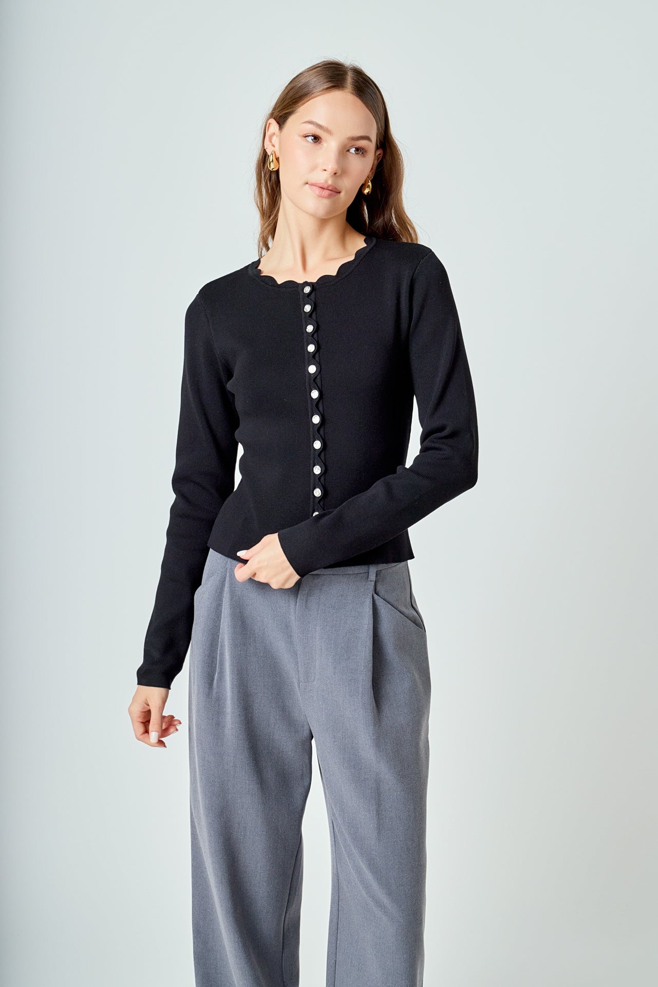 Scalloped Accent Split Long Cardigan