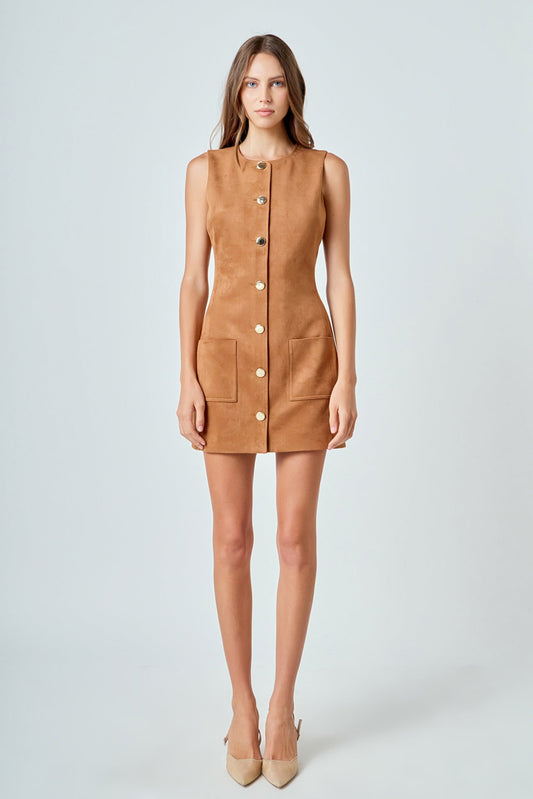 Faux Suede Round Neck Buttoned Mini Dress