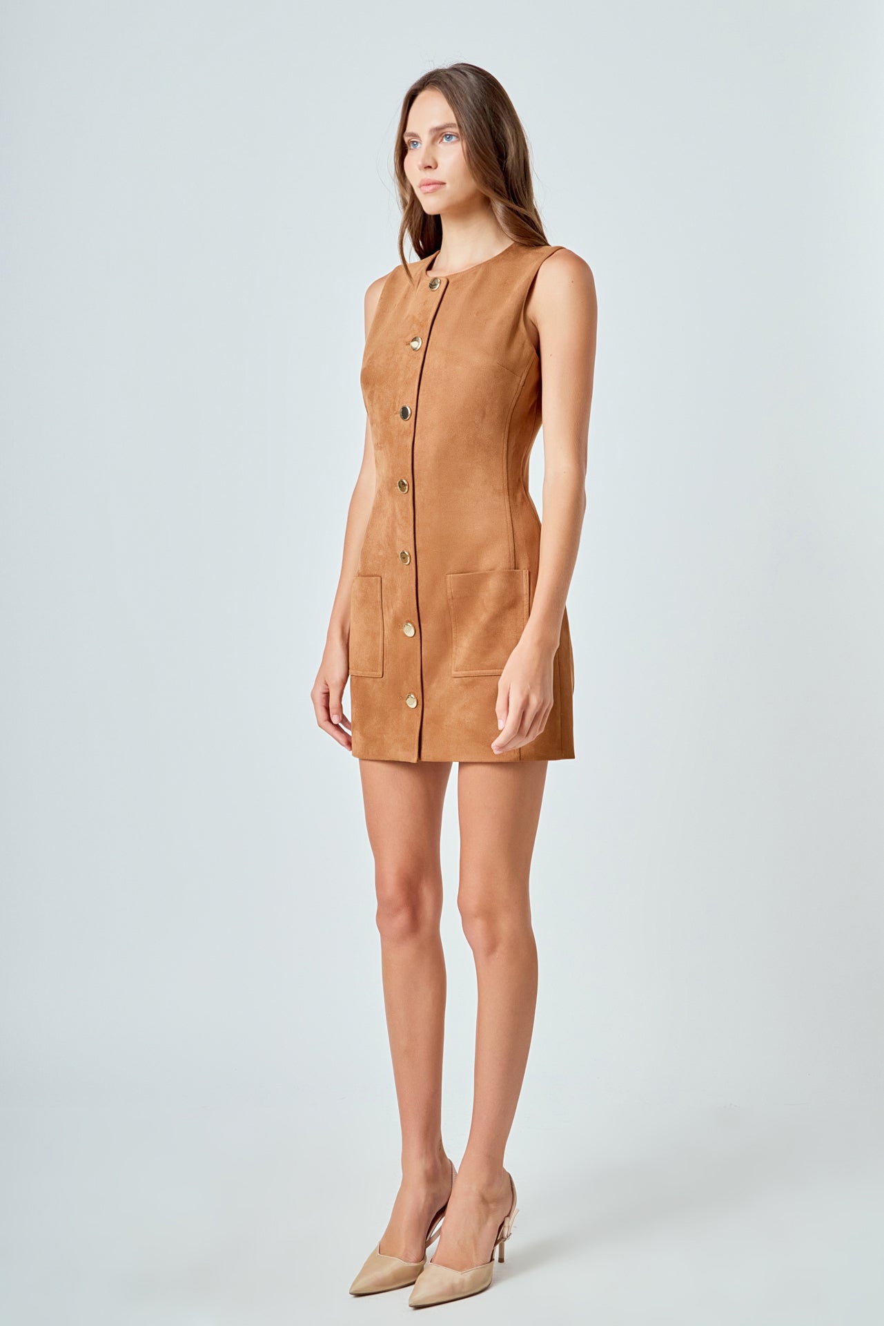 Faux Suede Round Neck Buttoned Mini Dress