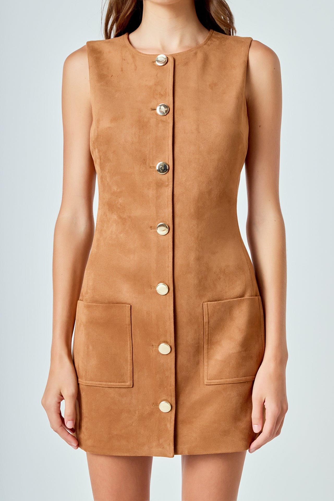 Faux Suede Round Neck Buttoned Mini Dress