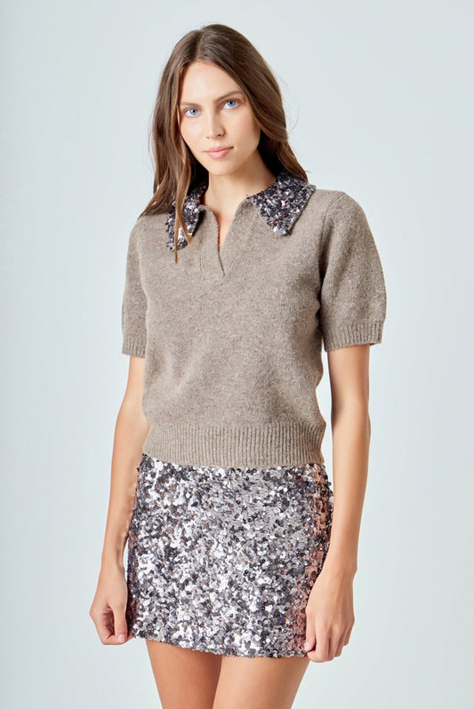 Sequin Accent Collar Knit Sweater Top