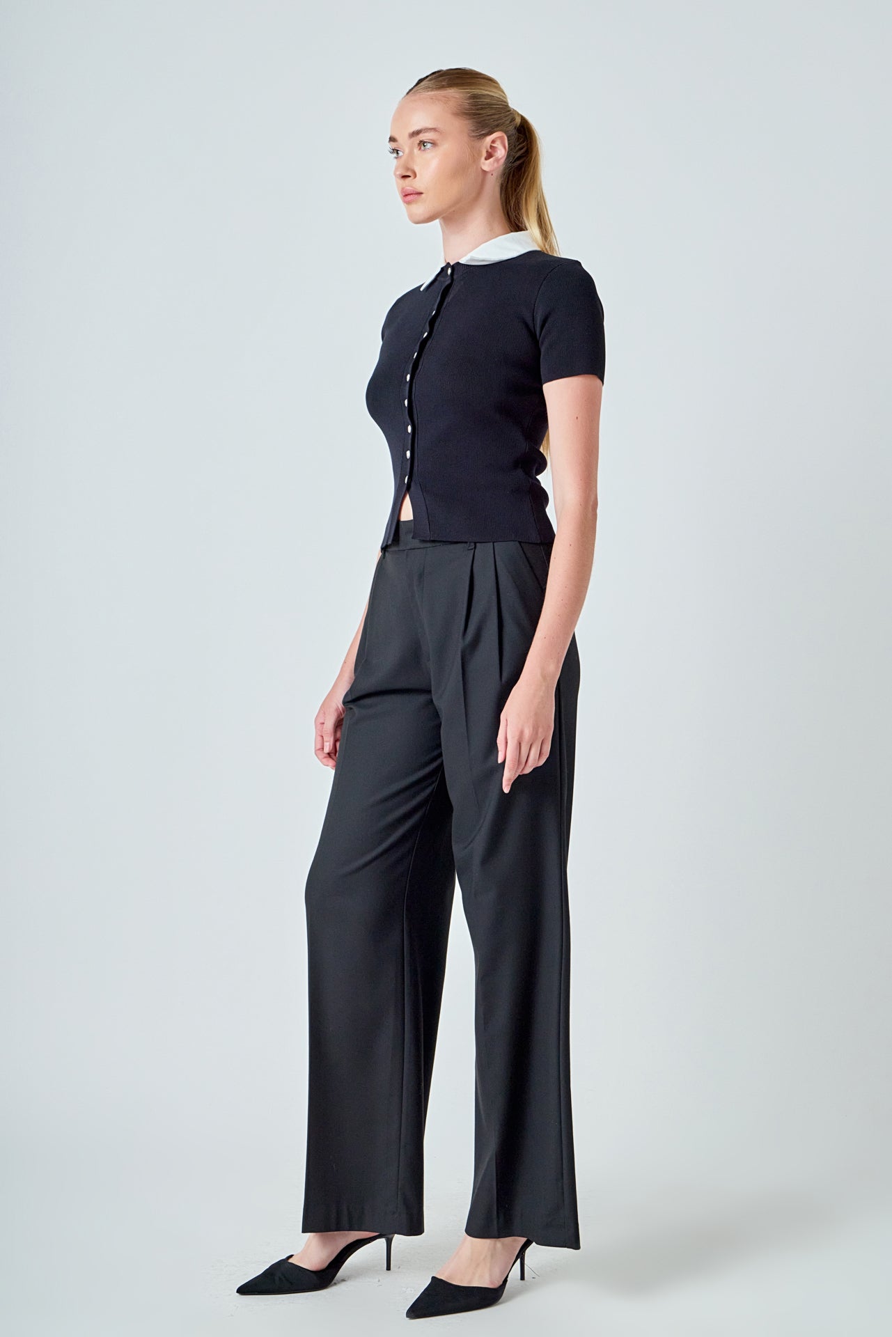 Jewel Buttoned Collared Color Block Top