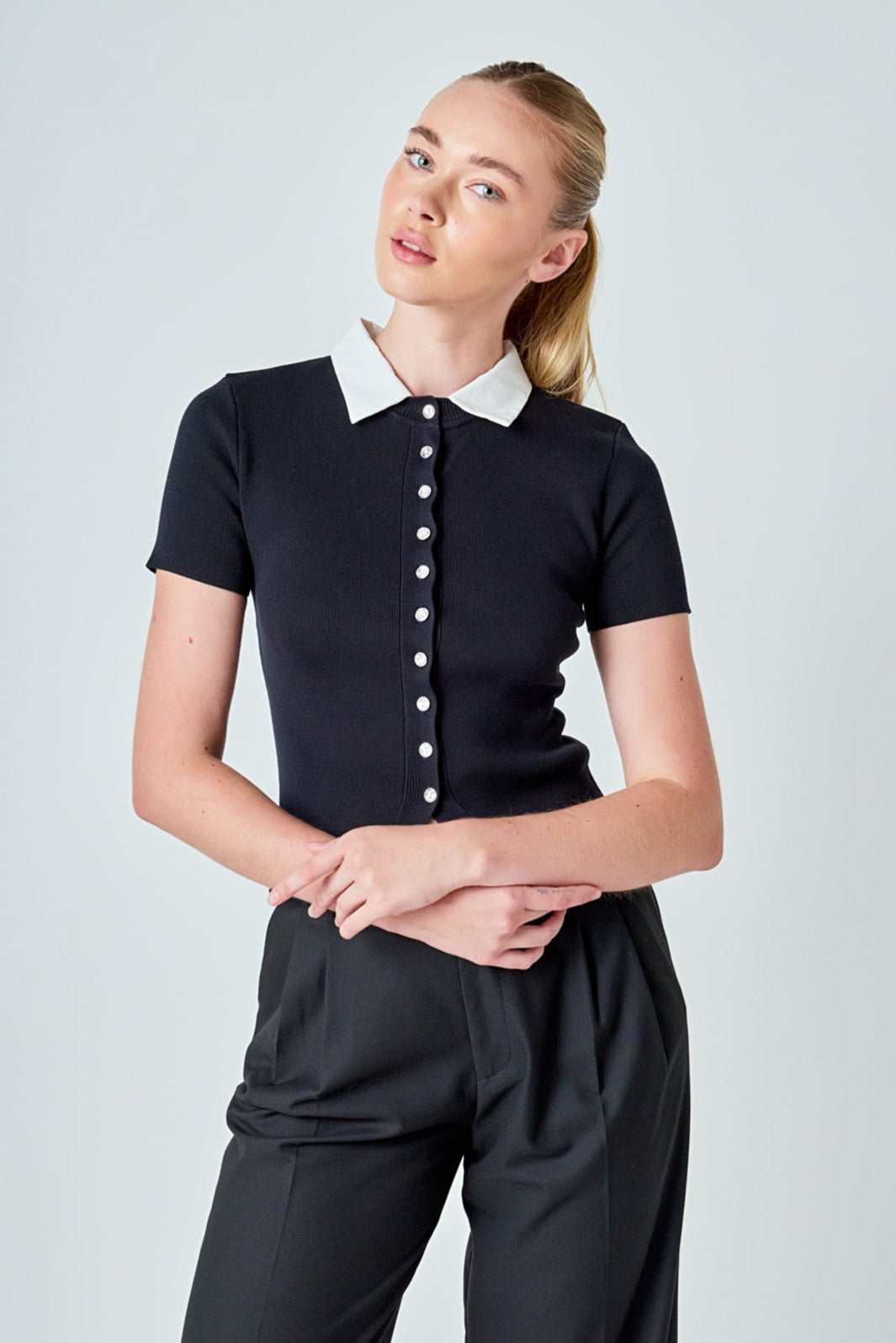 Jewel Buttoned Collared Color Block Top
