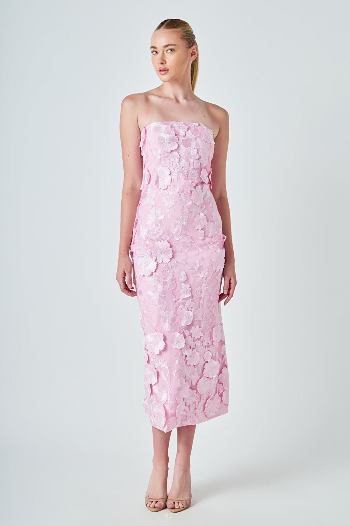 Strapless 3D applique Midi Dress