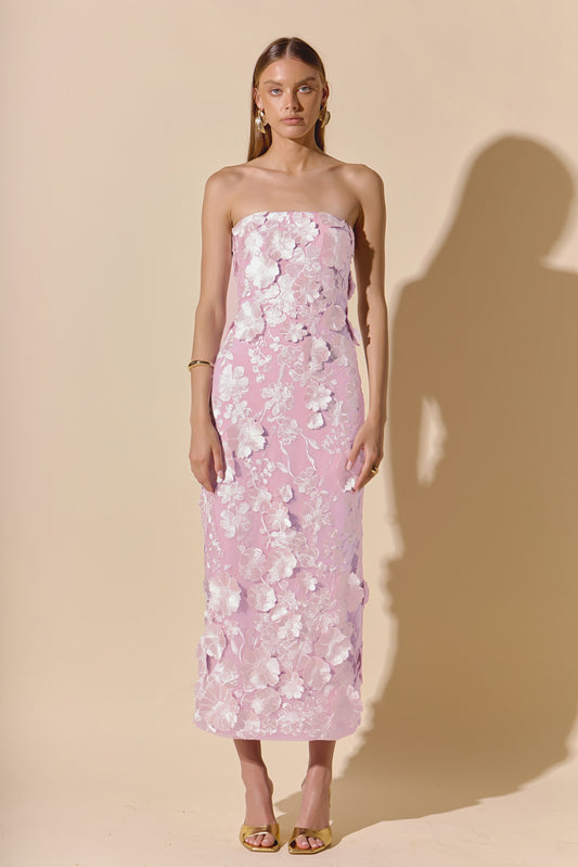 Strapless 3D applique Midi Dress