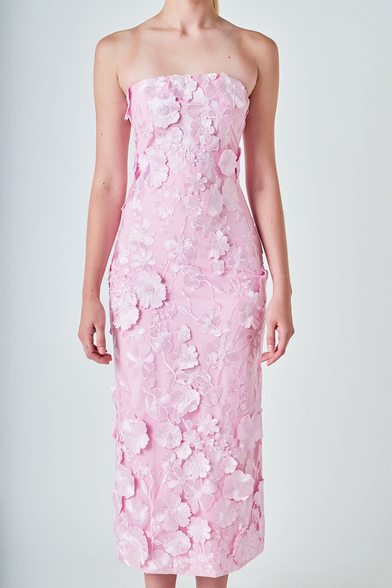 Strapless 3D applique Midi Dress