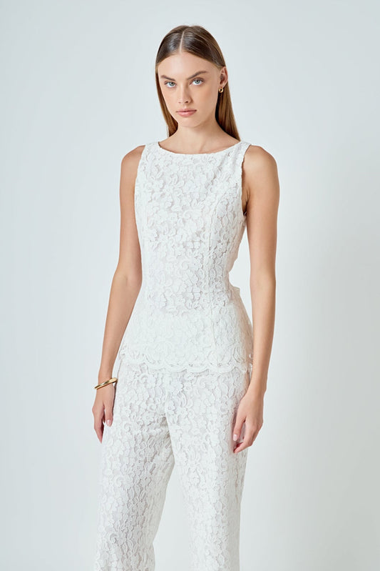 Lace Sleeveless Long Top With Belt