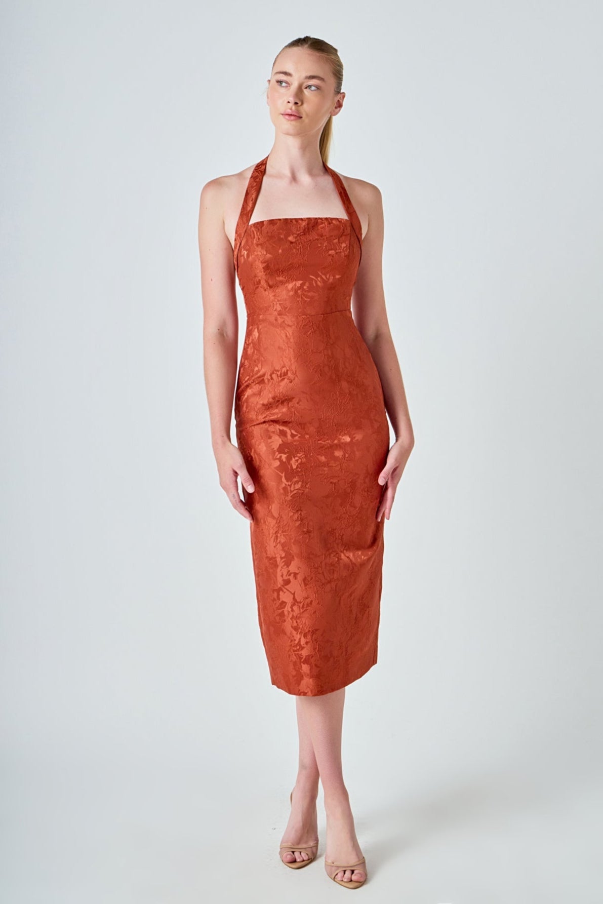 Jacquard Halter Column Midi Dress