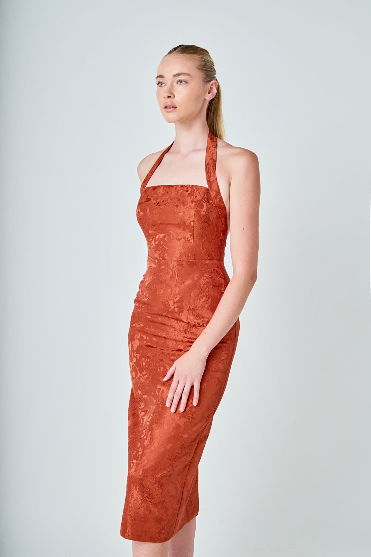 Jacquard Halter Column Midi Dress