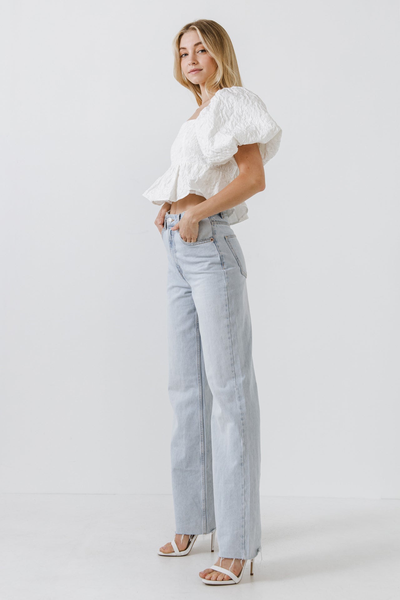 Square Neck Puff Sleeve Jacquard Top