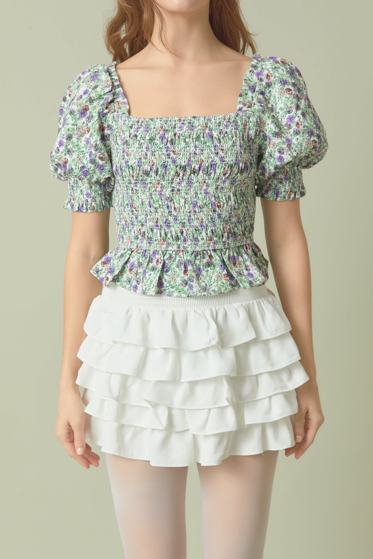 Jacquard Floral Smocked Puff Sleeve Top