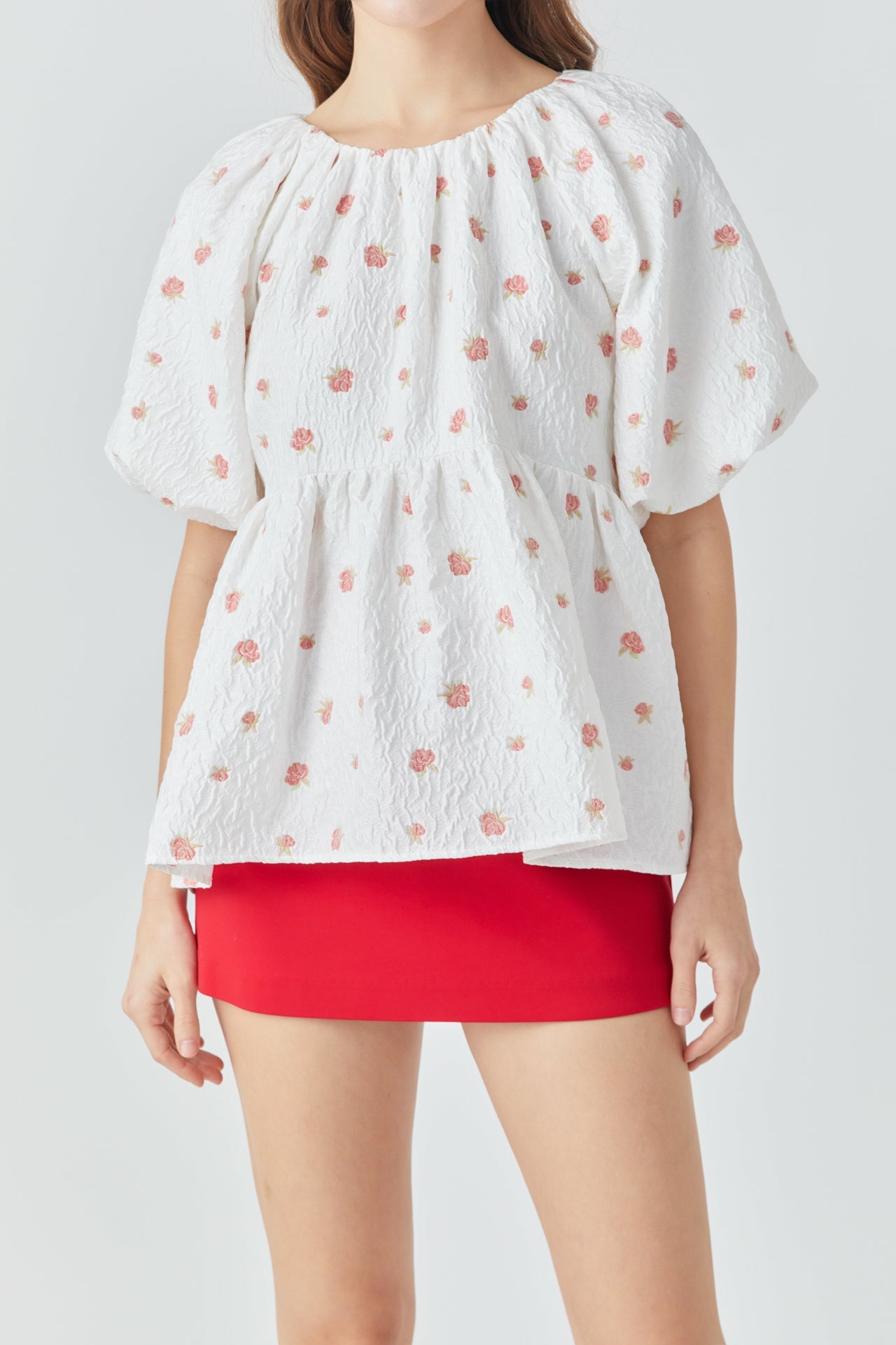 Floral Jacquard Spg Tie Flounce Blouse