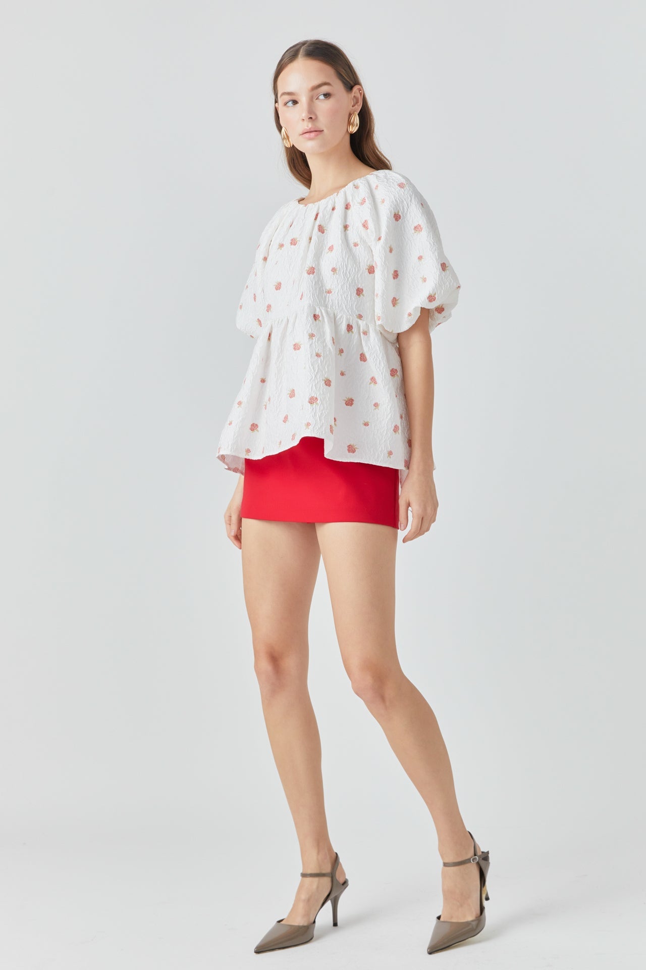 Floral Jacquard Spg Tie Flounce Blouse