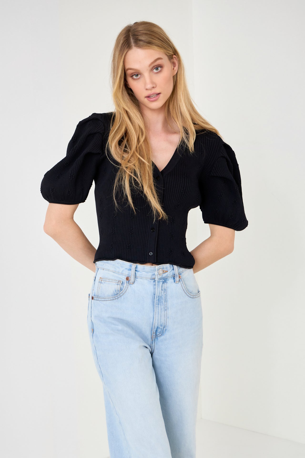 Floral Puff Short Sleeve Cardigan