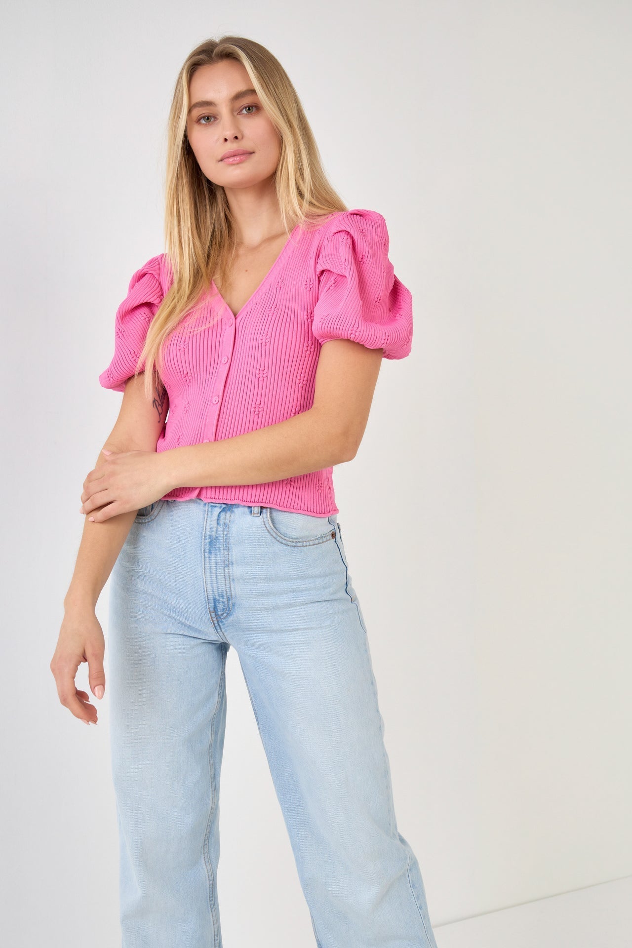 Floral Puff Short Sleeve Cardigan