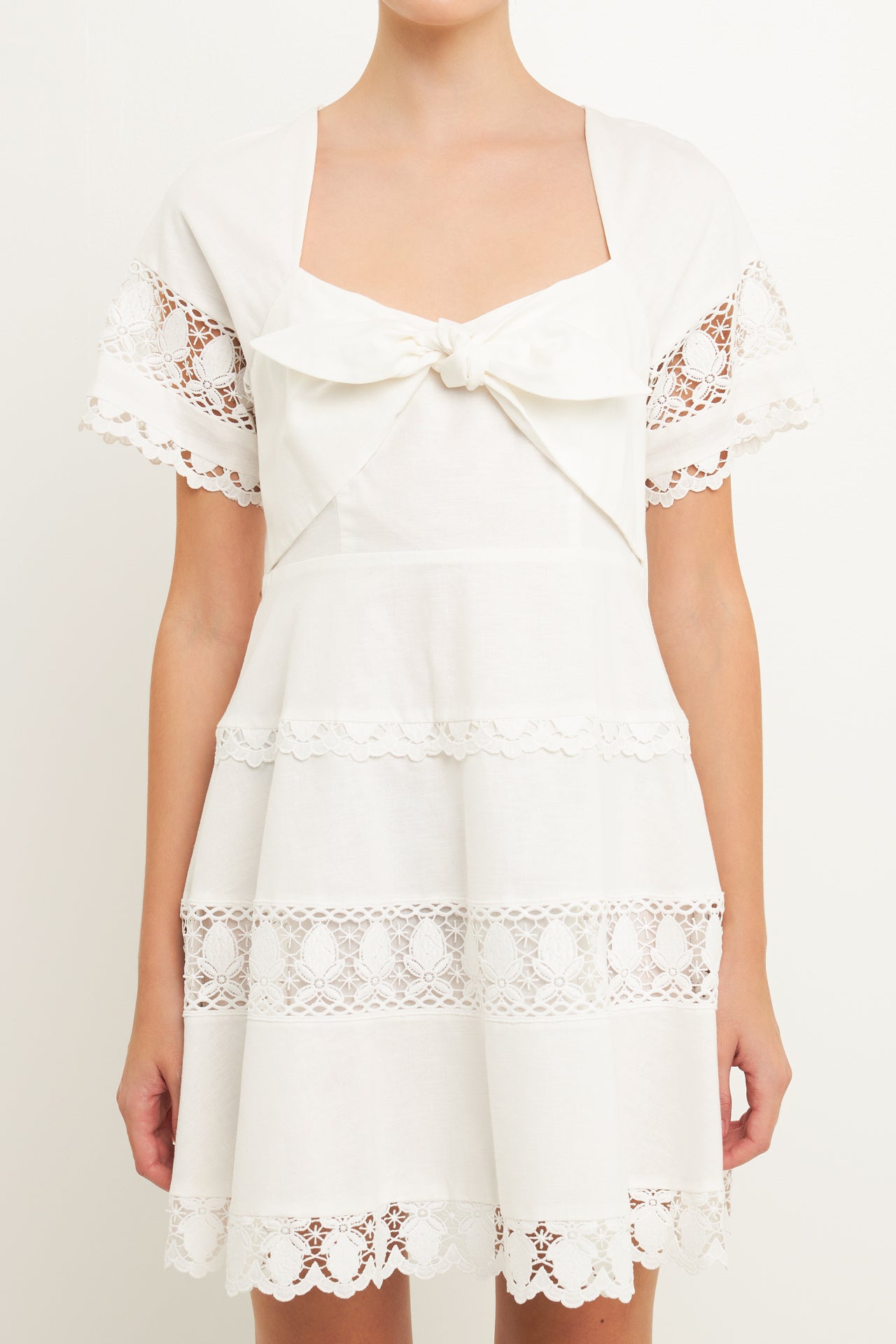 Lace Trim Mini Dress with Front Bow