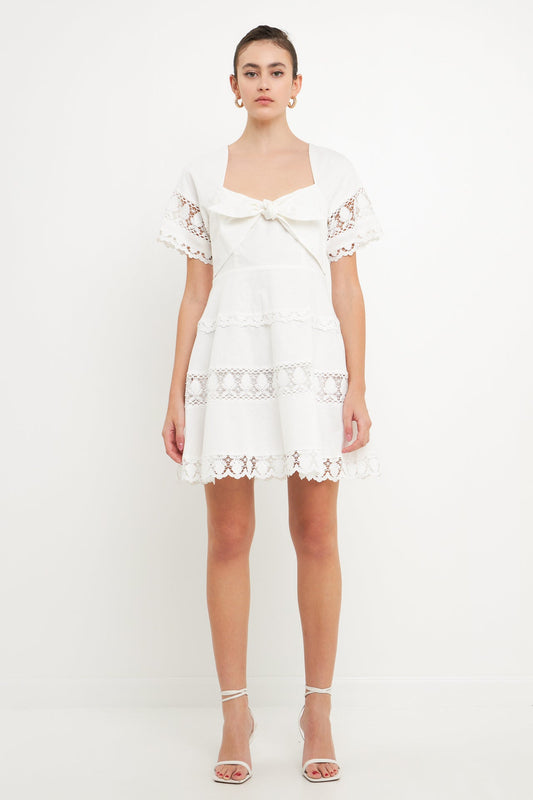 Lace Trim Mini Dress with Front Bow