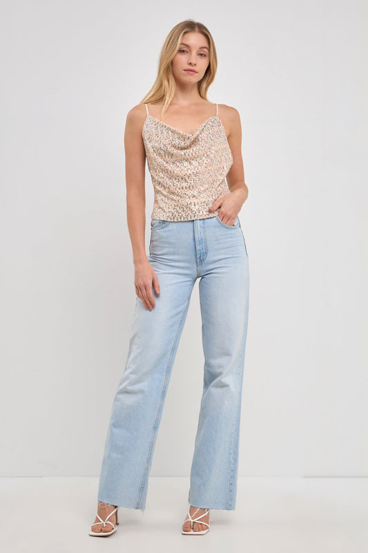 Cowl Neck Sequin Top