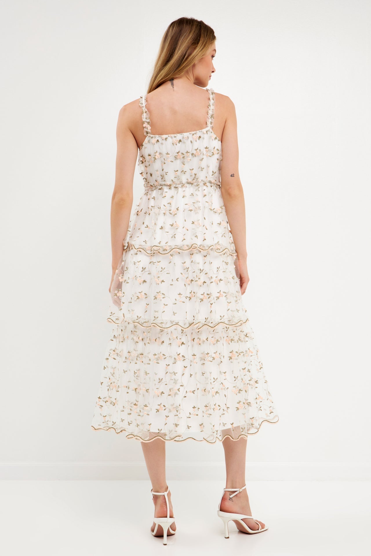 Floral Embroidery Scalloped Hem Tiered Dress