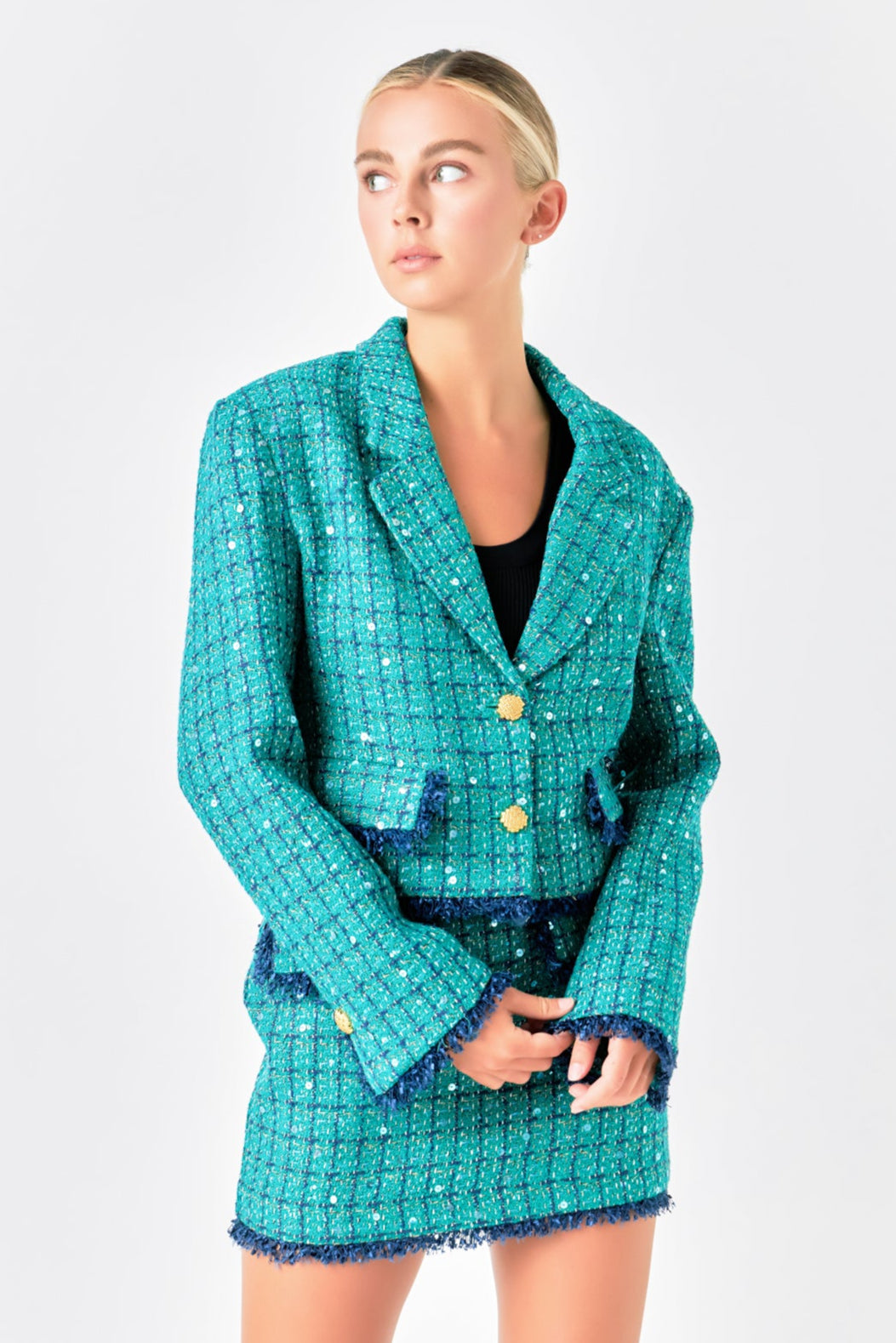 Premium Cropped Sequin Tweed Jacket
