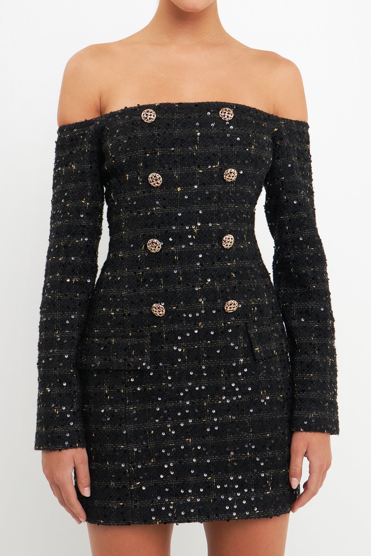 Off-The-Shoulder Tweed Mini Dress