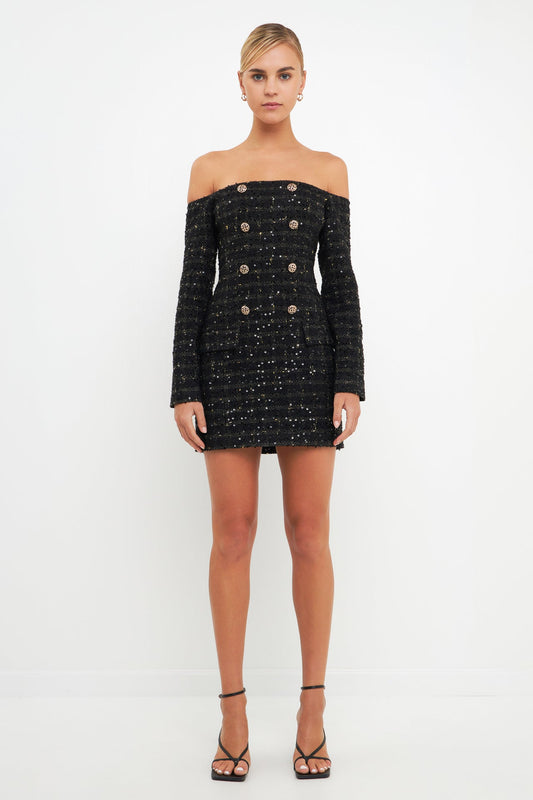 Off-The-Shoulder Tweed Mini Dress