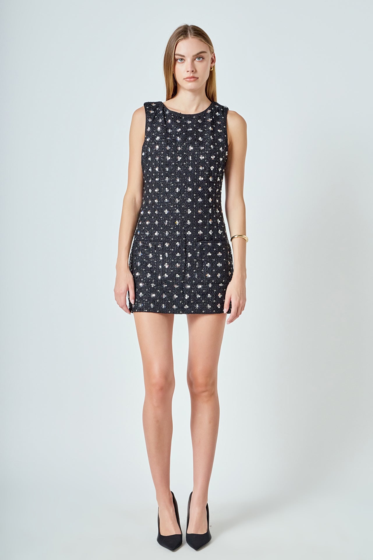 Premium Floral Embellishment Tweed Mini Dress