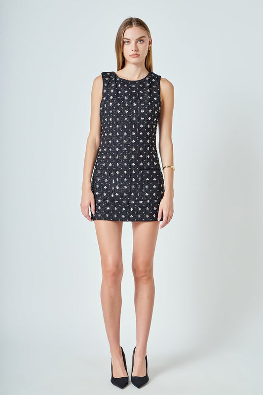 Premium Floral Embellishment Tweed Mini Dress