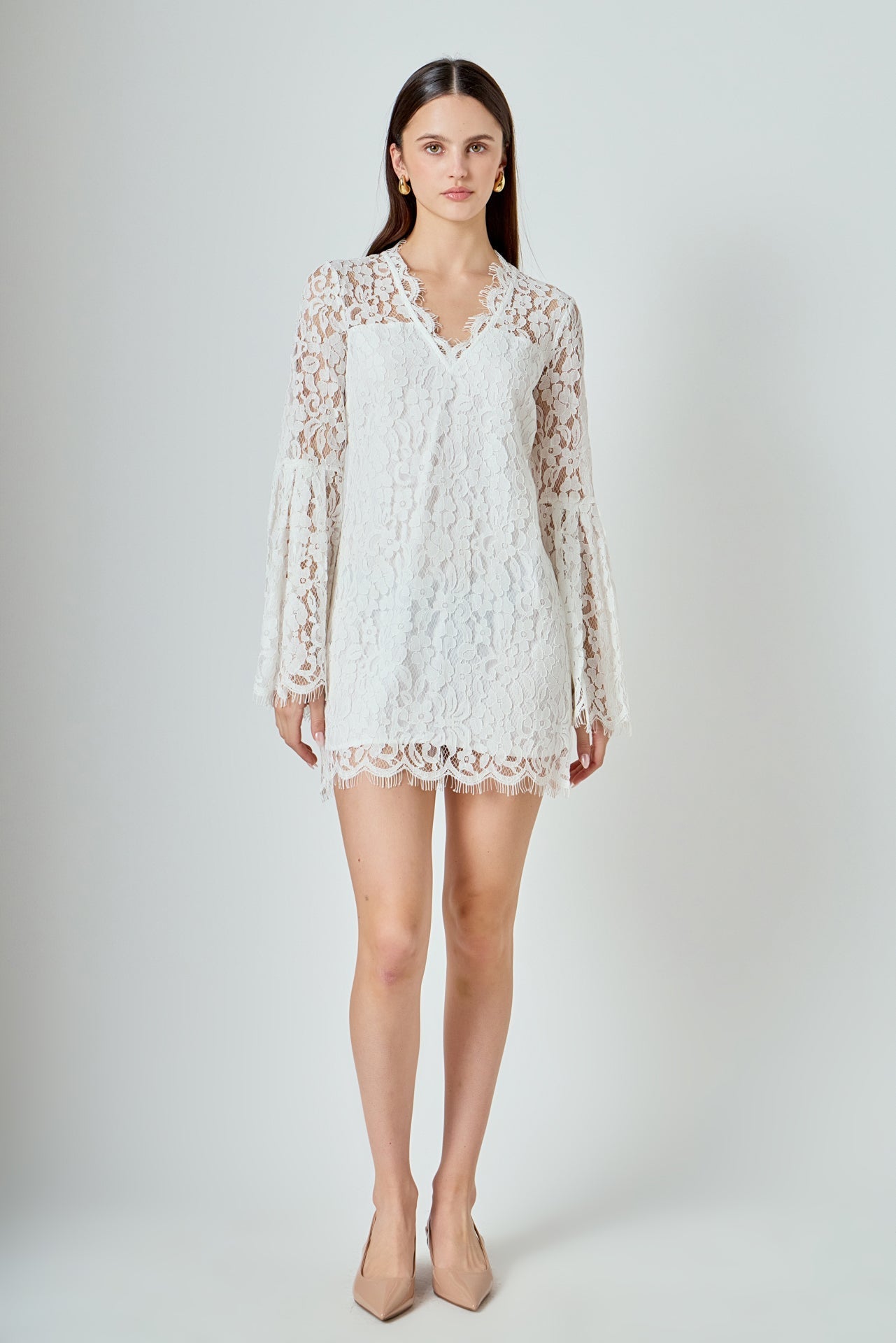 Bell Sleeve V-Neck Lace Dress