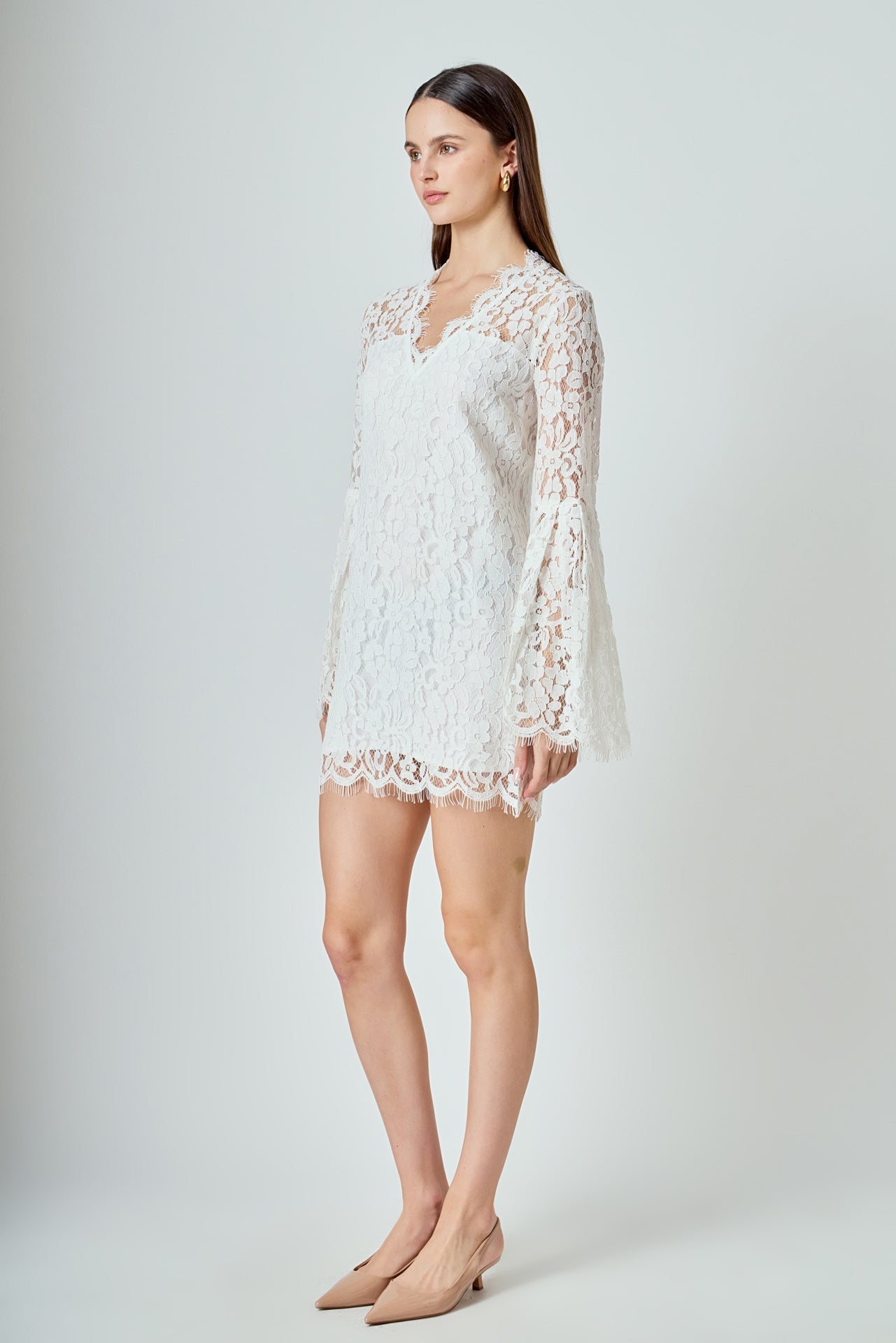 Bell Sleeve V-Neck Lace Dress