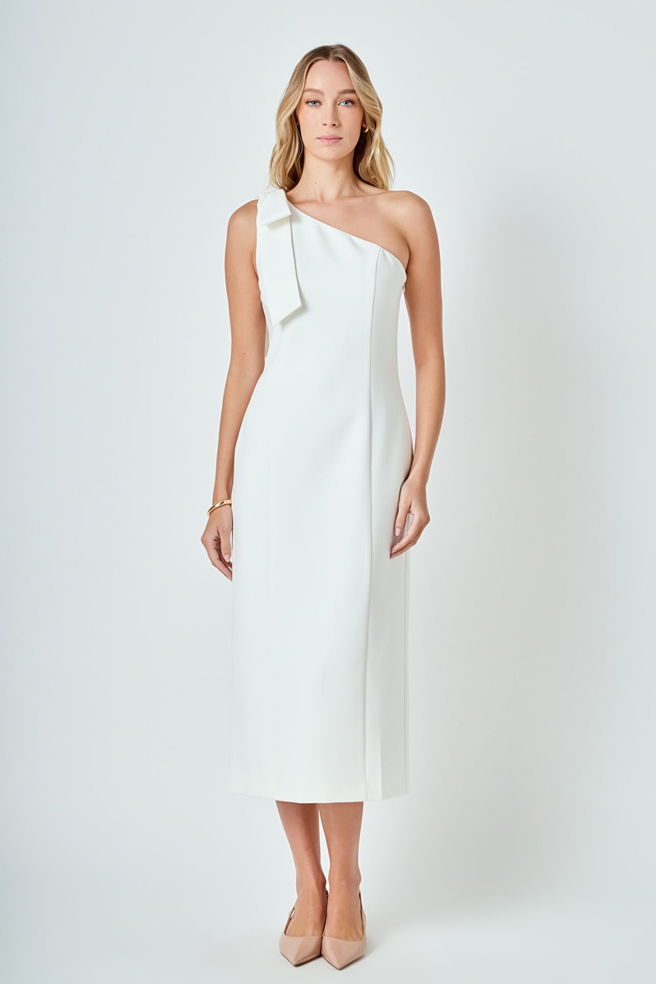 One Shoulder Bow Accent Midi Dress